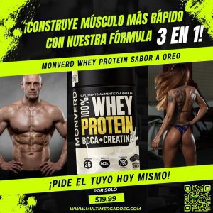 proteína monverd whey 100% sabor oreo fórmula 3 en 1 con bcaa y creatina 750g
