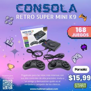 consola retro super mini k9 168 juegos clásicos de 8/16 bits y 2 controles