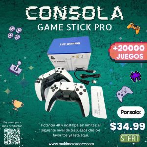 consola game stick pro 4k +20,000 juegos retro y 2 controles inalámbricos 2.4g