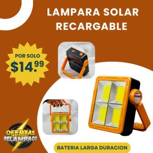 Lámpara solar recargable de alta potencia con linterna lateral y panel solar integrado