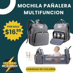 Mochila pañalera multifuncional convertible en cuna portátil con cambiador.