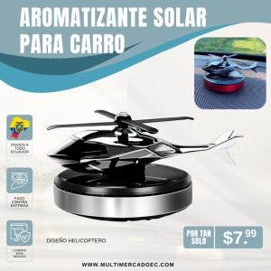Aromatizante solar para carro con diseño de helicóptero giratorio metálico sobre tablero de auto de venta en Multimercado EC Ecuador.
