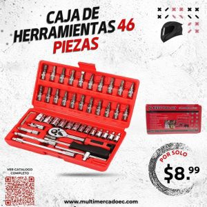 caja de herramientas de 46 piezas con llave de rachet para auto y moto