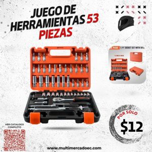 juego de herramientas de 53 piezas con llave de rachet y maletín para auto y moto