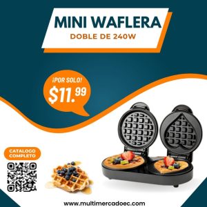 Carrito Mini waflera doble de 240W con placas antiadherentes en forma de corazón y círculo sobre fondo blanco