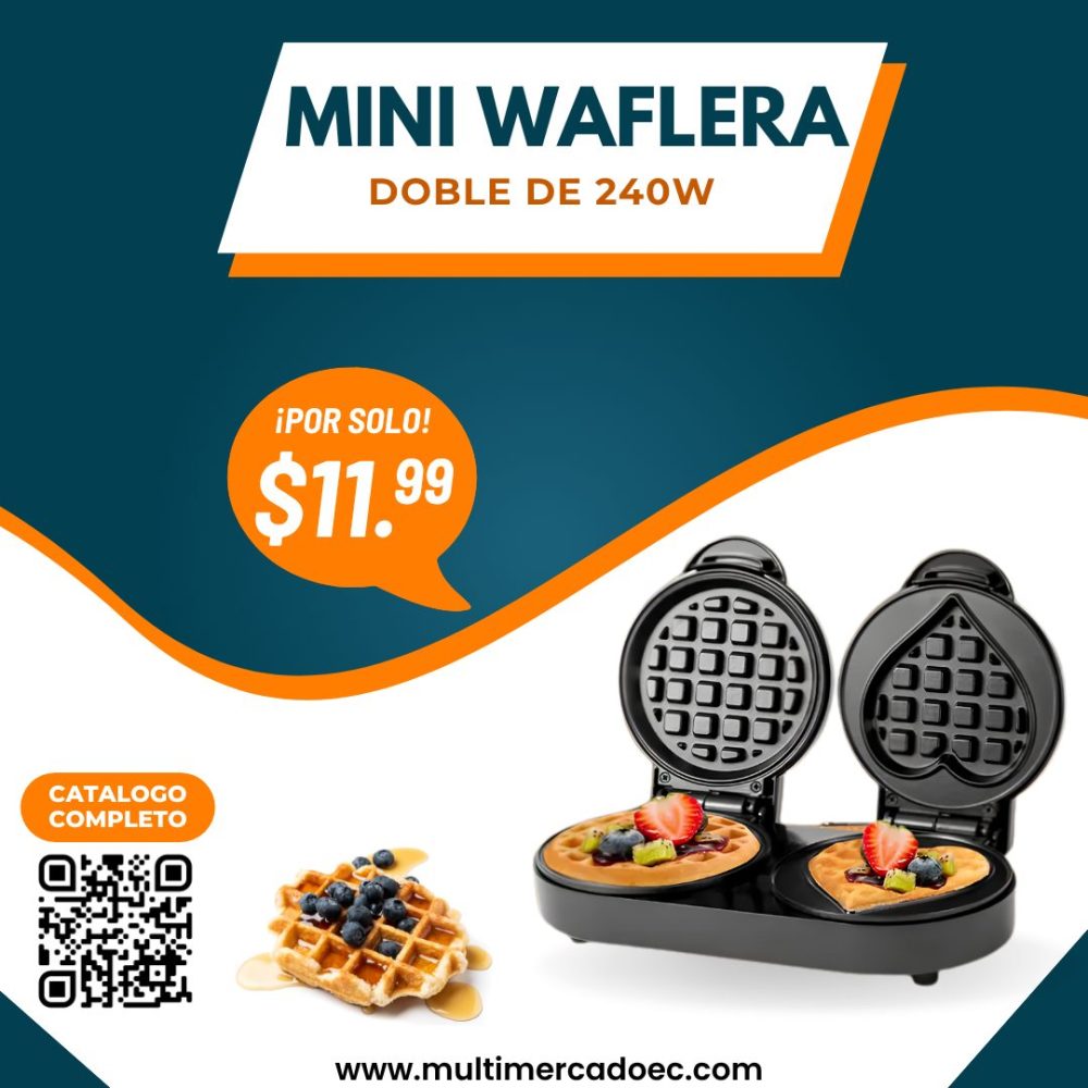 1 Mini waflera doble de 240W con placas antiadherentes en forma de corazón y círculo sobre fondo blanco