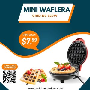Carrito Mini waflera grid de 320W roja eléctrica con placa antiadherente circular sobre fondo blanco