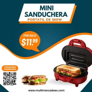 Mini sanduchera portátil de 360W color rojo con placas antiadherentes preparando un sándwich.