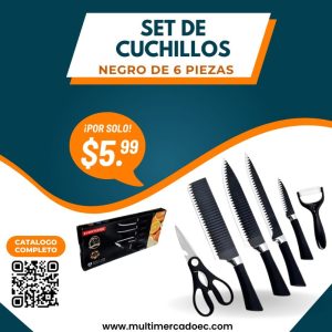 Set de cuchillos de cocina negros de 6 piezas con tijera y pelador Multimercado EC.