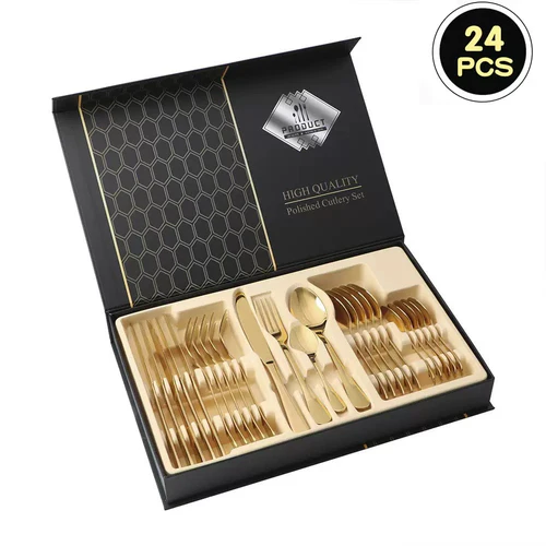 Set de cubiertos dorados de lujo 24 piezas en estuche de regalo Multimercado EC.